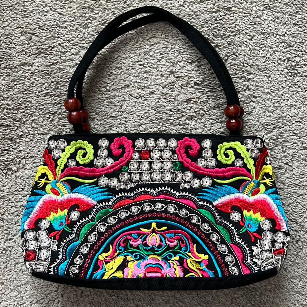 Mexican Embroidered Black Purse / Bag - Never Used - Picture 1 of 5
